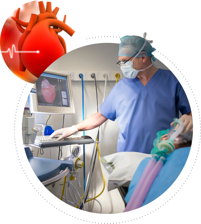 A composite image showing a masked medical professional operating anesthesia equipment and monitoring a heart image on a screen