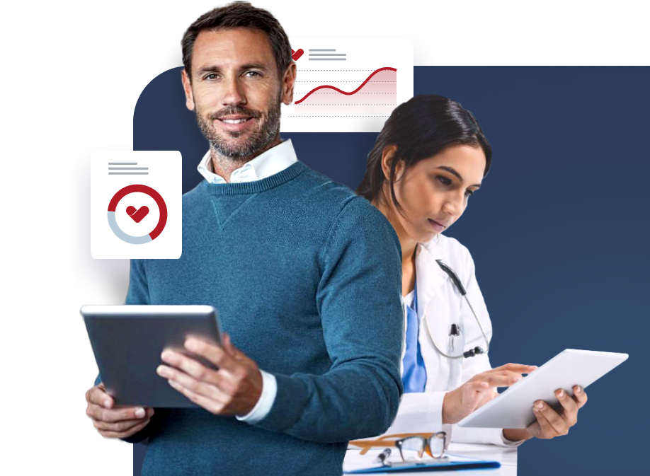 Smiling man in a blue sweater holding a tablet, standing beside a focused female doctor using a digital tablet, with illustrated health data graphics in the background